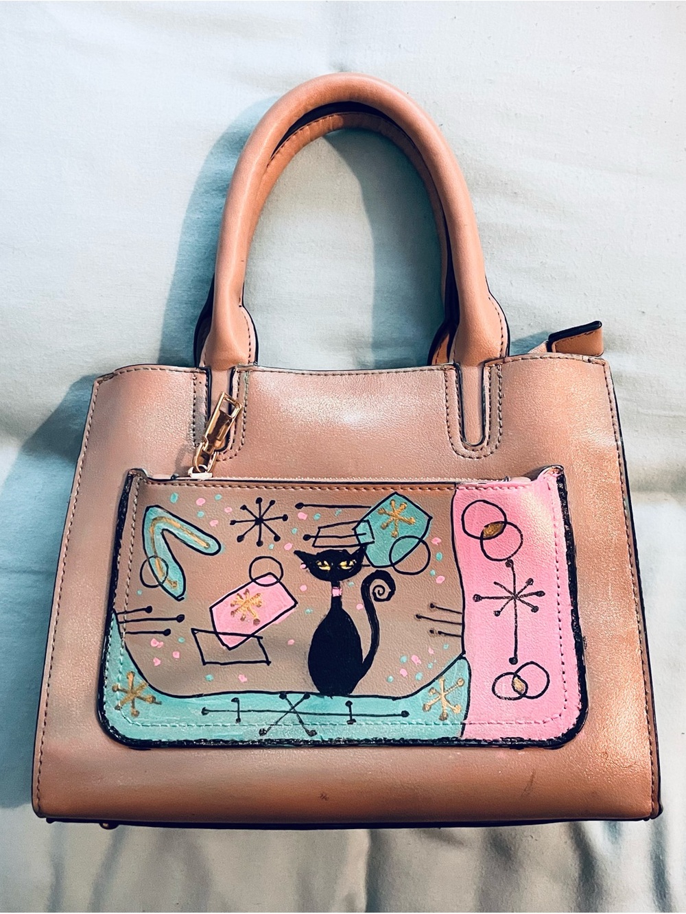 Hand Painted Mid Century Cat Accent Tote Bag